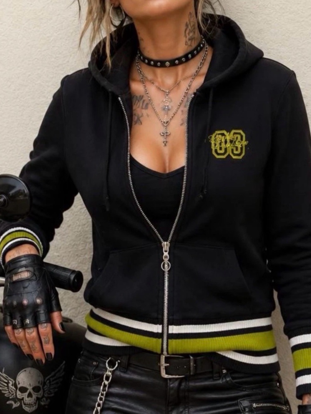 Black Zip-Front Hoodie Jacket with Green Accent